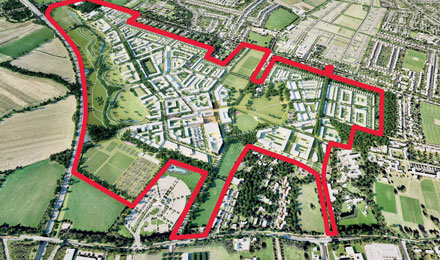 Aerial view of the whole North West Cambridge site