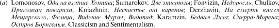 (a) Lomonosov, [cyrillic]; Sumarokov, [cyrillic]; Fonvizin, [cyrillic]; Chulkov, [cyrillic]; Kniazhnin, [cyrillic]; Derzhavin, [cyrillic]; Karamzin, [cyrillic]; [cyrillic]; [cyrillic]. Classicism and Sentimentalism.