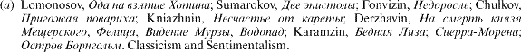 (a) Lomonosov, [cyrillic]; Sumarokov, [cyrillic]; Fonvizin, [cyrillic]; Chulkov, [cyrillic]; Kniazhnin, [cyrillic]; Derzhavin, [cyrillic]; Karamzin, [cyrillic]; [cyrillic]; [cyrillic]. Classicism and Sentimentalism.