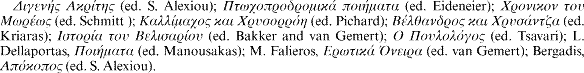 [greek] (ed. S. Alexiou); [greek] (ed. Eideneier); [greek] (ed. Schmitt ); [greek] (ed. Pichard); [greek] (ed. Kriaras); [greek] (ed. Bakker and van Gemert); [greek] (ed. Tsavari); L. Dellaportas, [greek] (ed. Manousakas); M. Falieros, [greek] (ed. van Gemert); Bergadis, [greek] (ed. S. Alexiou).