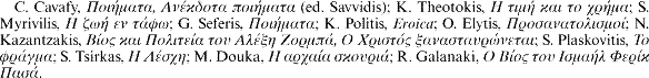 C. Cavafy, [greek] (ed. Savvidis); K. Theotokis, [greek]; S. Myrivilis, [greek]; G. Seferis, [greek]; K. Politis, Eroica; O. Elytis, [greek]; N. Kazantzakis, [greek]; S. Plaskovitis, [greek]; S. Tsirkas, [greek]; M. Douka, [greek]; R. Galanaki, [greek].