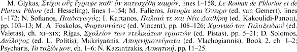 M. Glykas, [greek], lines 1-158; Le Roman de Phlorios et de Platzia Phlore (ed. Hesseling), lines 1-154; M. Falieros, [greek] (ed. van Gemert), lines 1-172; N. Sofianos, [greek]; I. Kartanos, [greek] (ed. Kakoulidi-Panou), pp. 103-13; M. A. Foskolos, [greek] (ed. Vincent), pp. 108-126; [greek] (ed. Valetas), ch. XI-XIX; Rigas, [greek] (ed. Pistas), pp. 5-21; D. Solomos, [greek] (ed. L. Politis); Makriyannis, [greek] (ed. Vlachogiannis), Book 2, ch. 1-2; Psycharis, [greek], ch. 1-6; N. Kazantzakis, [greek], pp. 11-25.