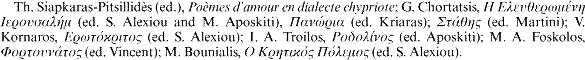 Th. Siapkaras-Pitsillidès (ed.), Poèmes d'amour en dialecte chypriote; G. Chortatsis, [greek] (ed. S. Alexiou and M. Aposkiti), [greek] (ed. Kriaras); [greek] (ed. Martini); V. Kornaros, [greek] (ed. S. Alexiou); I. A. Troilos, [greek] (ed. Aposkiti); M. A. Foskolos, [greek] (ed. Vincent); M. Bounialis, [greek] (ed. S. Alexiou).