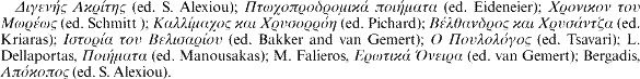 [greek] (ed. S. Alexiou); [greek] (ed. Eideneier); [greek] (ed. Schmitt ); [greek] (ed. Pichard); [greek] (ed. Kriaras); [greek] (ed. Bakker and van Gemert); [greek] (ed. Tsavari); L. Dellaportas, [greek] (ed. Manousakas); M. Falieros, [greek] (ed. van Gemert); Bergadis, [greek] (ed. S. Alexiou).