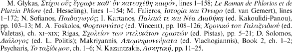 M. Glykas, [greek], lines 1-158; Le Roman de Phlorios et de Platzia Phlore (ed. Hesseling), lines 1-154; M. Falieros, [greek] (ed. van Gemert), lines 1-172; N. Sofianos, [greek]; I. Kartanos, [greek] (ed. Kakoulidi-Panou), pp. 103-13; M. A. Foskolos, [greek] (ed. Vincent), pp. 108-126; [greek] (ed. Valetas), ch. XI-XIX; Rigas, [greek] (ed. Pistas), pp. 5-21; D. Solomos, [greek] (ed. L. Politis); Makriyannis, [greek] (ed. Vlachogiannis), Book 2, ch. 1-2; Psycharis, [greek], ch. 1-6; N. Kazantzakis, [greek], pp. 11-25.